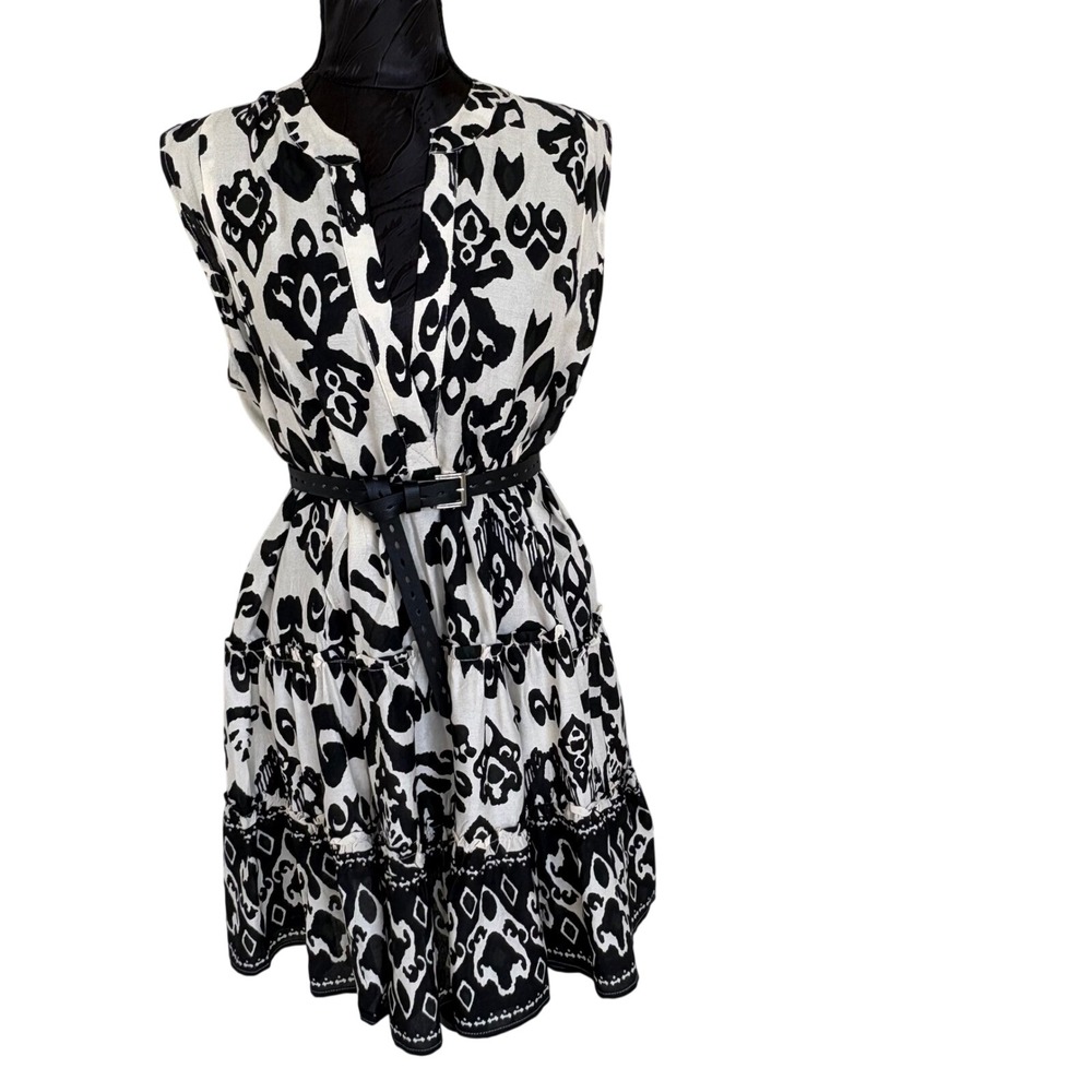 Salty Lemon Ikat Tiered Boho Mini Dress Womens M‎ Black/White LSD3783